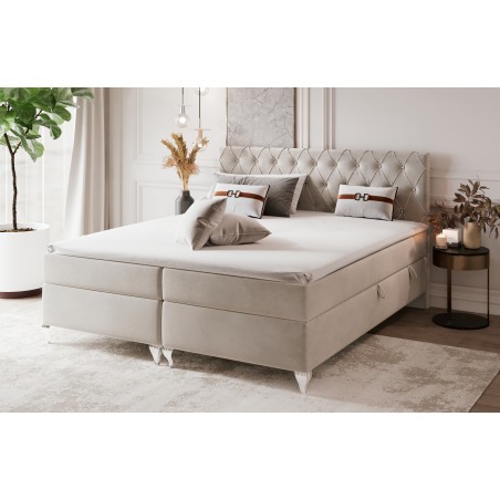 Kontinentalbett 200x200 cm, Ehebett, Hotelbett, Kopfteil mit Kristallen, zwei Bettkästen, verchromte Füße, CRYSTAL