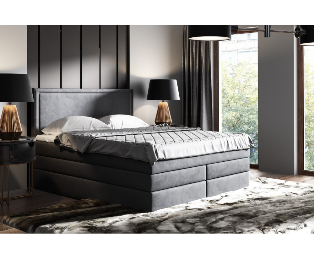 Elegantes Bett 160x200 cm mit zwei Matratzen, Ehebett, Hotelbett, Kopfteil mit Polsternagelband, Bettkasten, PRESTO 2K 
