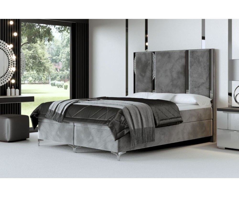 Exklusives Boxspringbett 200x200 cm, Ehebett mit hohem Kopfteil aus vertikalen Polsterpaneelen, Metall-Zierleisten, MEDIOLAN 1M 