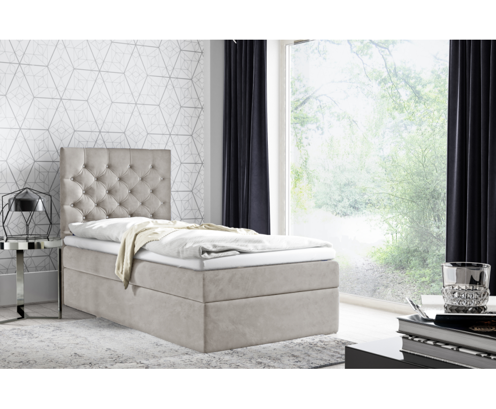 Boxspringbett 90x200 cm, Einzelbett, Hotelbett, Kopfteil mit Kristallen, MAGNUS 15A