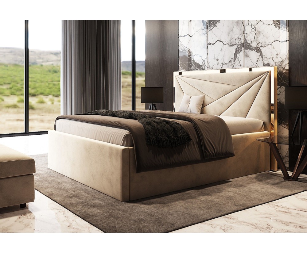 Doppelbett 160x200 cm, Ehebett, Hotelbett, Kopfteil mit goldfarbener Zierleiste, LIBIA