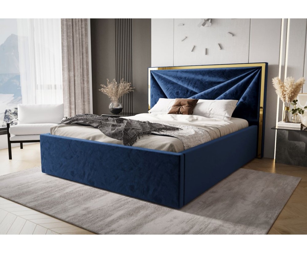 Doppelbett 160x200 cm, Ehebett, Hotelbett, Kopfteil mit goldfarbener Zierleiste, LIBIA