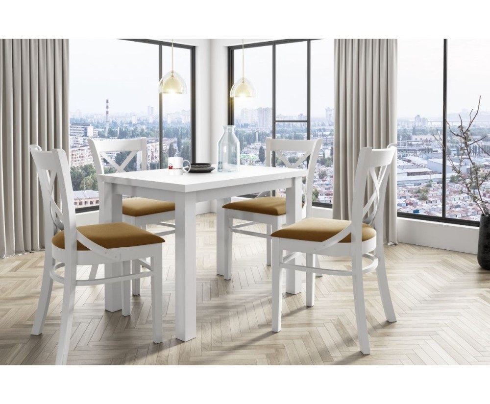 Weißes Set für 4 Personen: Tisch BOSTON 70x100 cm + 4 Polsterstühle MODERN 1 mit gekreuzter Rückenlehne