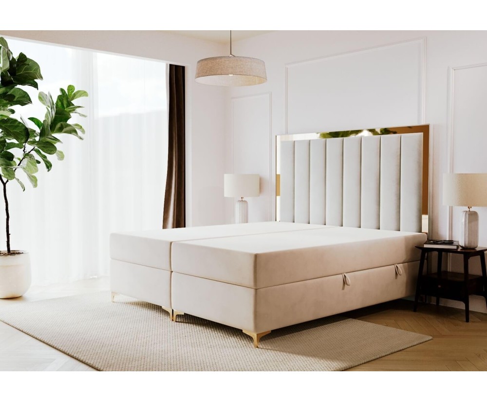 Boxspringbett 180x220 cm für Appartment, Ehebett, Hotelbett, hohes Kopfteil mit goldenen Zierleisten, BAHAMA 1M Boxspringbett 180x220 cm für Appartment, Ehebett, Hotelbett, hohes Kopfteil mit goldenen Zierleisten, BAHAMA 1M