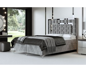 Elegantes Bett in Komfortgröße 180x220 cm, hohes Kopfteil aus Polsterpaneelen, Bettkasten, Ehebett in Überlänge BERLIN 1M