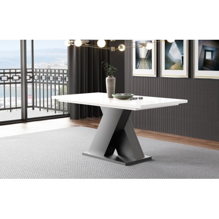 MODERN M27 Esstisch, Tisch ausziehbar 80x150 -190 cm, schwarzes X-Gestell, Tischplatte weiß glänzend