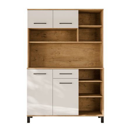 Praktisches Küchenbuffet 120 cm, Küchenschrank, Barschrank, weiß glänzend / Eiche Lancelot, PERY 4