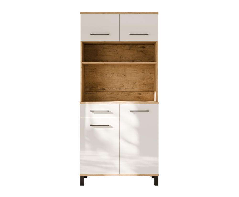 Moderner Barschrank 80 cm für Esszimmer, Küchenbuffet, Küchenschrank, weiß glänzend / Eiche Lancelot, PERY 4