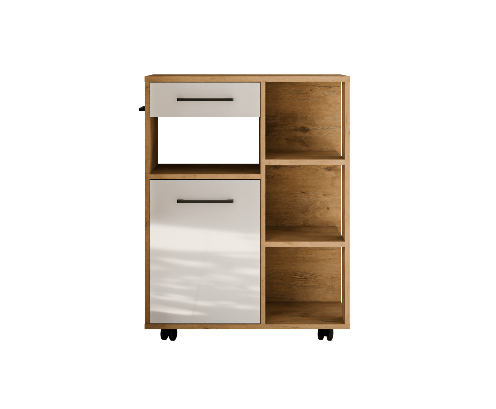 Küchenschrank 70 cm auf Rollen, Sideboard, Beistelltisch, weiß glänzend / Eiche Lancelot, PERY 4