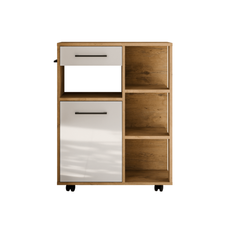 Küchenschrank 70 cm auf Rollen, Sideboard, Beistelltisch, weiß glänzend / Eiche Lancelot, PERY 4