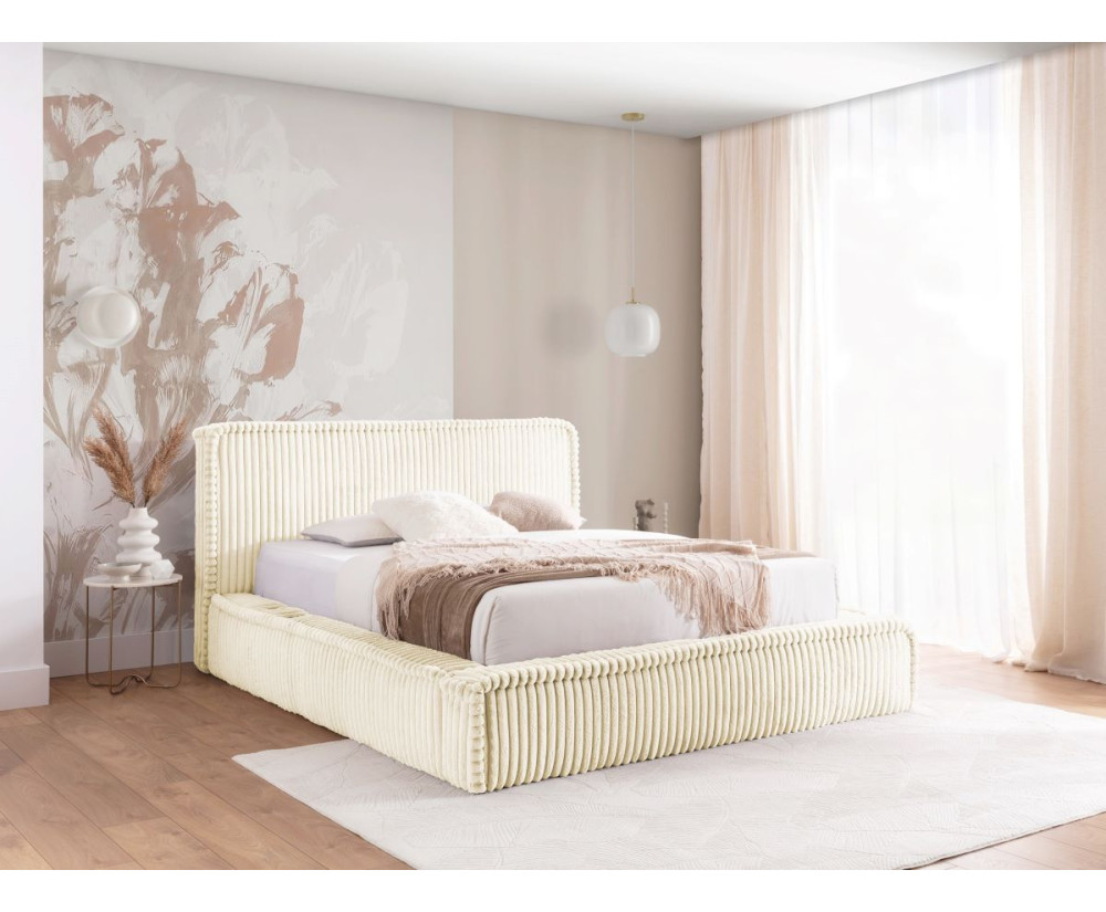 Doppelbett 140x200 cm, Polsterbett mit Lattenrost und Bettkasten, Stoff VITO Cord mit breiten Rippen, PRATO T9