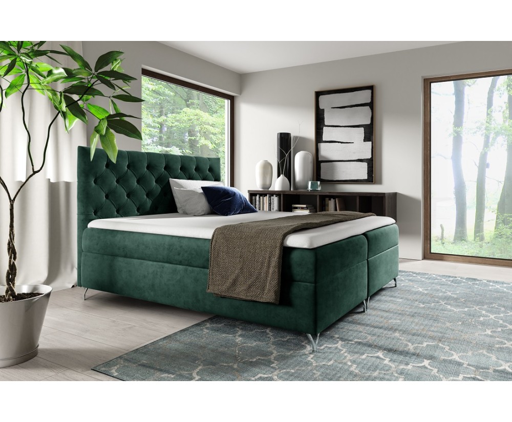 Bequemes Boxspringbett 140x200 cm, Doppelbett mit Bettkasten, Kopfteil CHESTERFIELD, PRATO K9