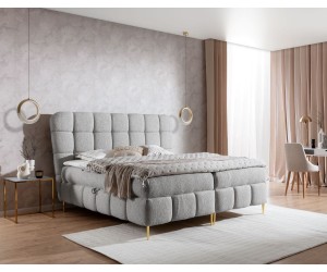 Stilvolles Doppelbett 140x200 cm, Ehebett mit Bettkasten, Kopfteil, dekorative Steppung, goldene Füße, PRATO K30