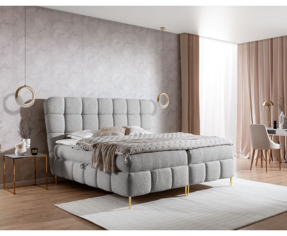 Stilvolles Doppelbett 140x200 cm, Ehebett mit Bettkasten, Kopfteil, dekorative Steppung, goldene Füße, PRATO K30