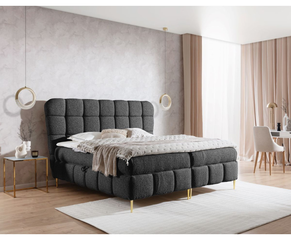 Boxspringbett 160x200 cm, Ehebett mit Matratze und Topper, dekorative Steppung, goldene Füße, PRATO K30