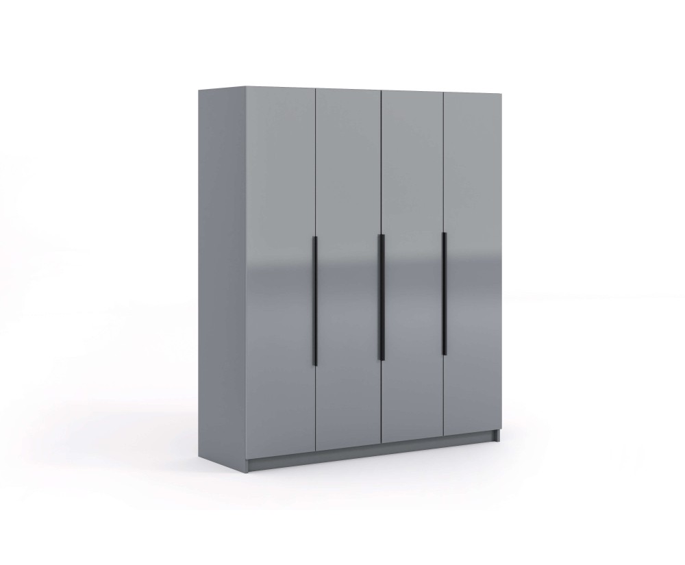 Eleganter Kleiderschrank 160 cm, 4-türig, Grau glänzend mit schwarzen Details, Garderobenschrank, ARTEO 2