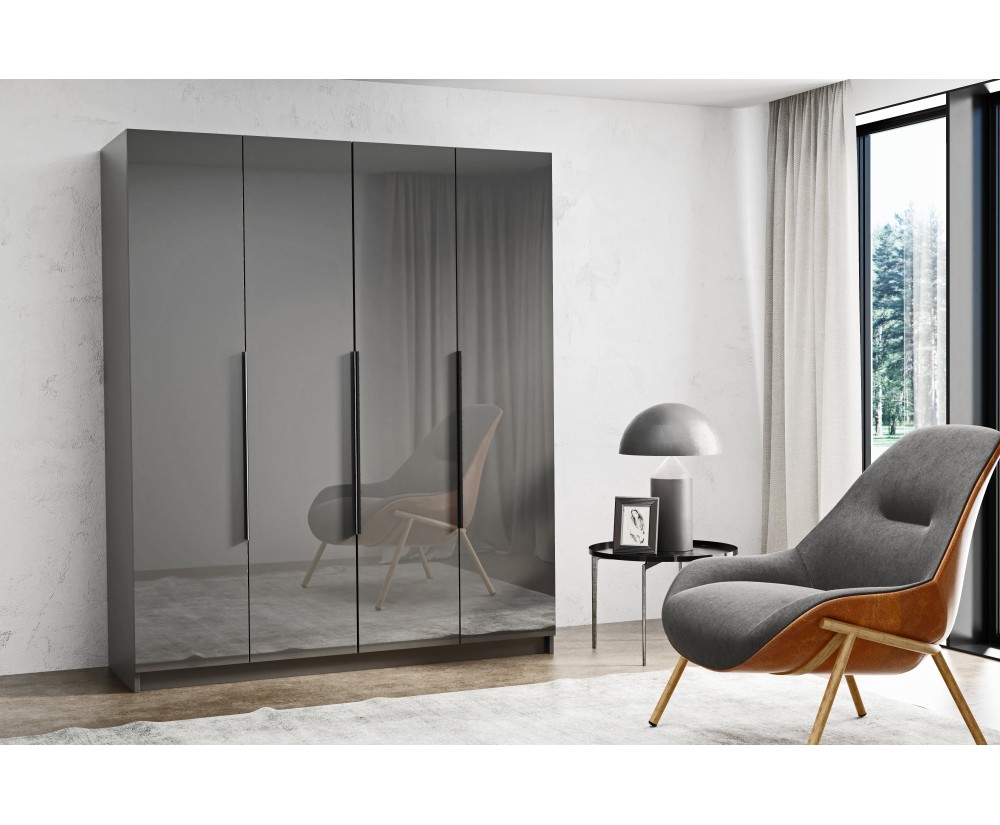 Moderner Kleiderschrank 180 cm, 4-türig, Grau glänzend mit schwarzen Details, Drehtürenschrank, ARTEO 2 