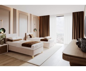 BRISTOL 1H Einzelbett 80x200 cm, Hotelbett, Kopfteil glatt, Füße Buchenholz