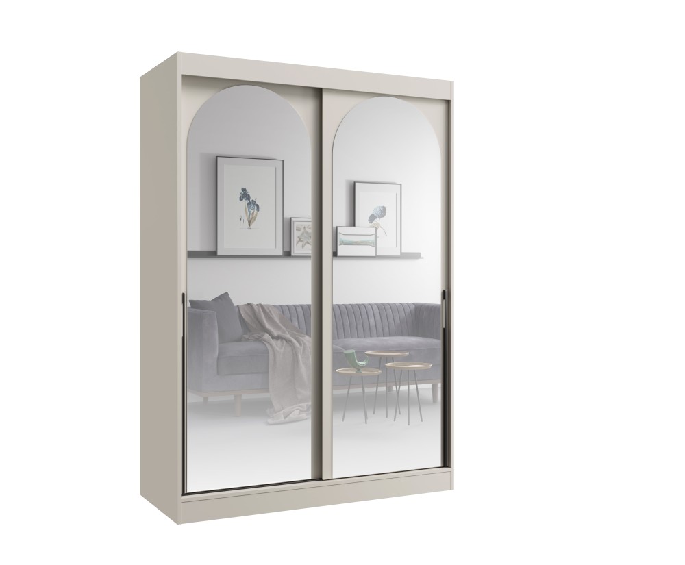 Moderner Schlafzimmerschrank 150 cm, 2-türig, mit Spiegelfronten, Schwebetürenschrank, Kaschmir, MODINO