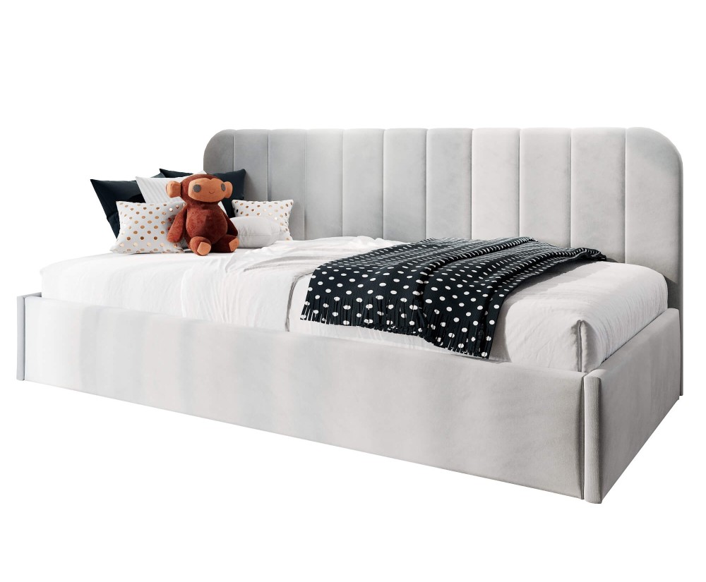 Jugendbett 90x200 cm mit abgerundeter Rückenlehne, Lattenrost und Bettkasten, Bett für Dachschräge, FRANKO SM 02