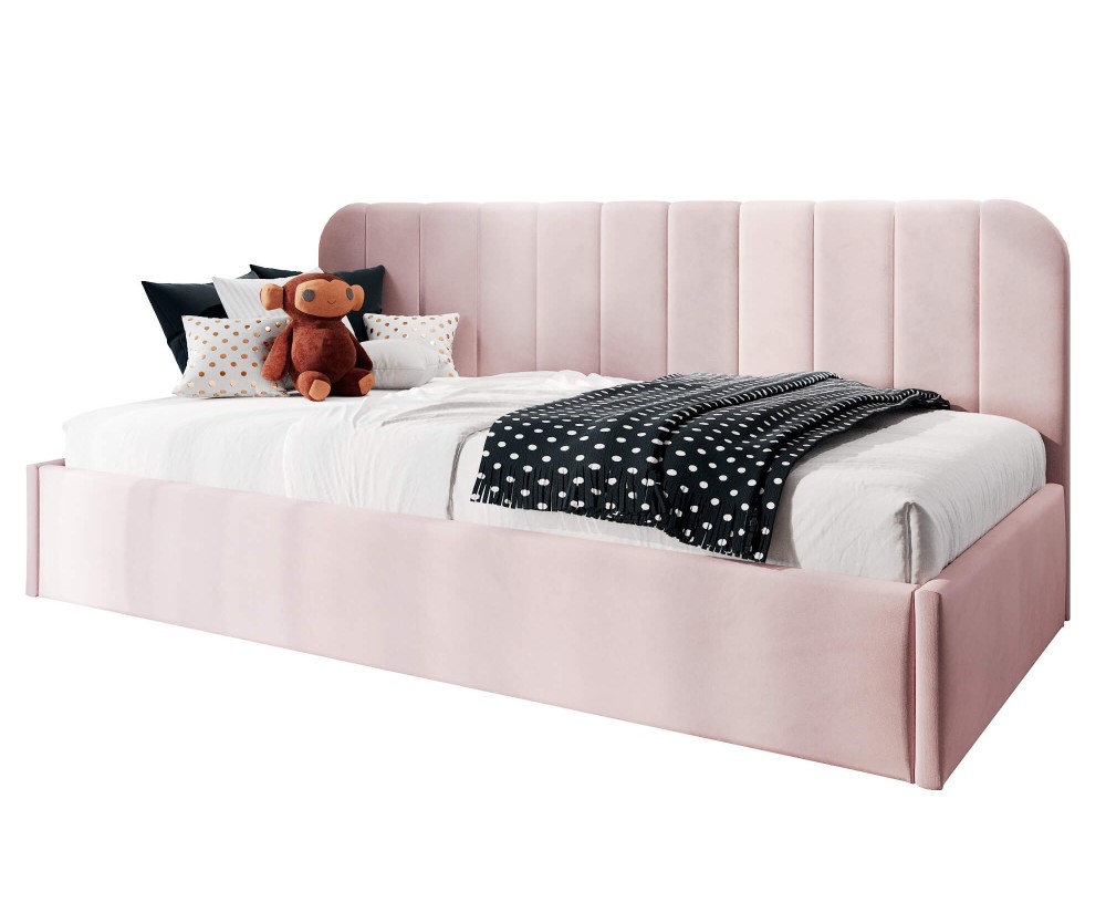Jugendbett 90x200 cm mit abgerundeter Rückenlehne, Lattenrost und Bettkasten, Bett für Dachschräge, FRANKO SM 02 Jugendbett 90x200 cm mit abgerundeter Rückenlehne, Lattenrost und Bettkasten, Bett für Dachschräge, FRANKO SM 02