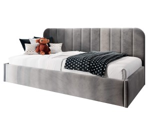 Jugendbett 90x200 cm mit abgerundeter Rückenlehne, Lattenrost und Bettkasten, Bett für Dachschräge, FRANKO SM 02