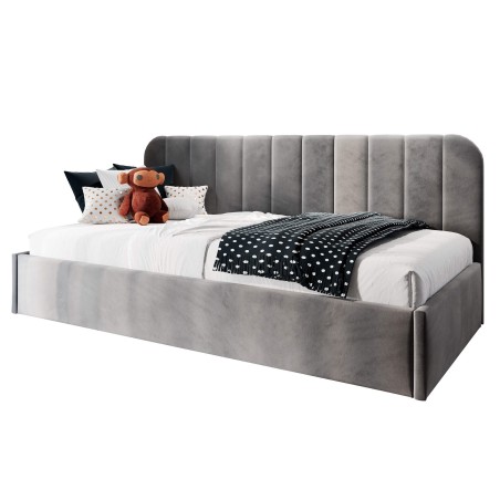 Jugendbett 90x200 cm mit abgerundeter Rückenlehne, Lattenrost und Bettkasten, Bett für Dachschräge, FRANKO SM 02