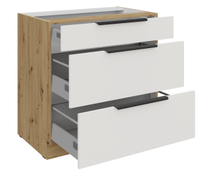 ARKADIA K3 Küchenunterschrank 80 D 3S BB mit 3 Schubladen, Unterschrank weiß / Artisan