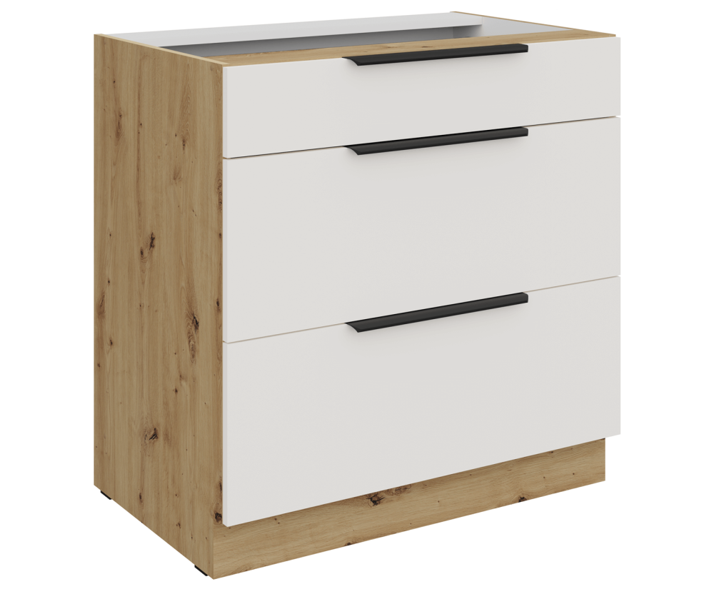 ARKADIA K3 Küchenunterschrank 80 D 3S BB mit 3 Schubladen, Unterschrank weiß / Artisan