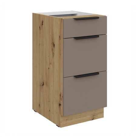 ARKADIA K2 Küchenunterschrank 40D 3S BB mit Schubladen Premium BOX, Unterschrank Sandgrau / Eiche Artisan