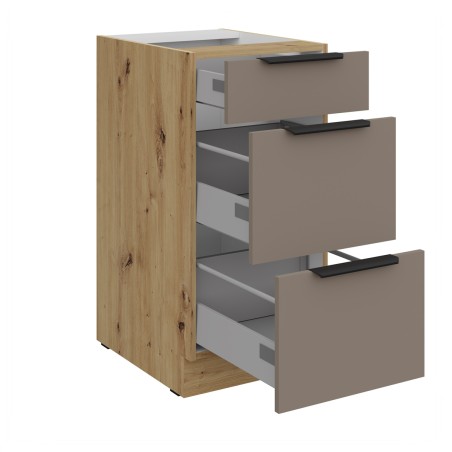 ARKADIA K2 Küchenunterschrank 40D 3S BB mit Schubladen Premium BOX, Unterschrank Sandgrau / Eiche Artisan