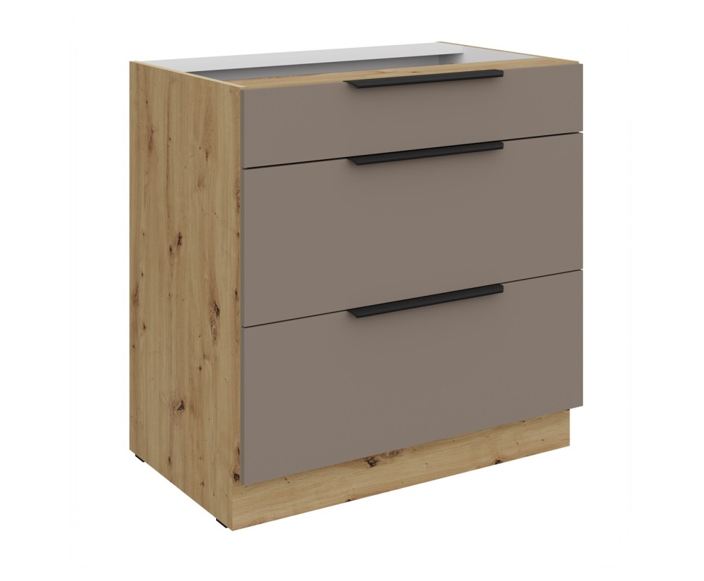ARKADIA K2 Küchenunterschrank 80D 3S BB mit Schubladen Premium BOX, Unterschrank Sandgrau / Eiche Artisan