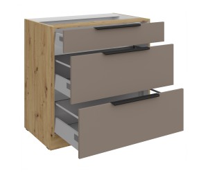 ARKADIA K2 Küchenunterschrank 80D 3S BB mit Schubladen Premium BOX, Unterschrank Sandgrau / Eiche Artisan