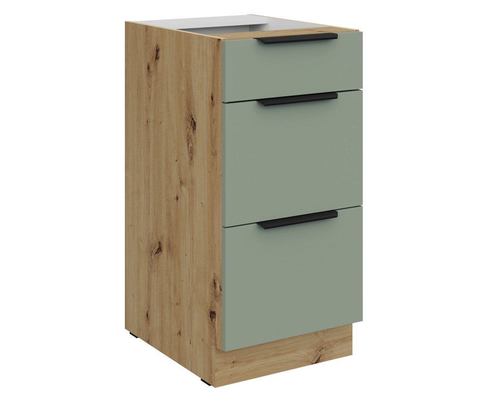 ARKADIA K1 Küchenunterschrank 40 D 3S BB mit 3 Schubladen, Aquamarine / Eiche Artisan