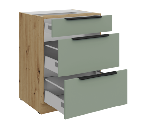 ARKADIA K1 Küchenunterschrank 60 D 3S BB mit 3 Schubladen, Aquamarine / Eiche Artisan