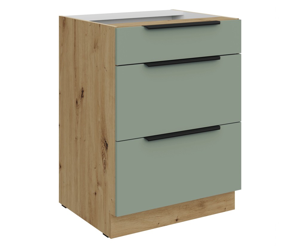 ARKADIA K1 Küchenunterschrank 60 D 3S BB mit 3 Schubladen, Aquamarine / Eiche Artisan