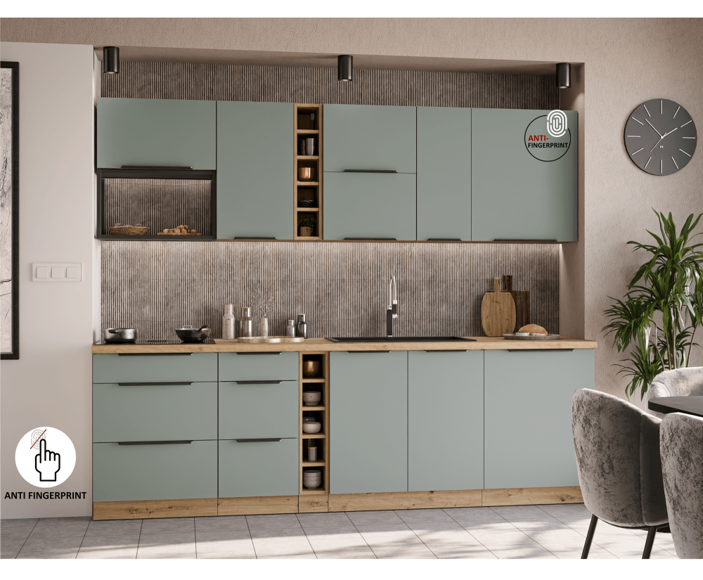 ARKADIA K1 Moderne Küchenzeile, Küchenblock, Antifinger-Technologie, Aquamarine / Eiche Artisan
