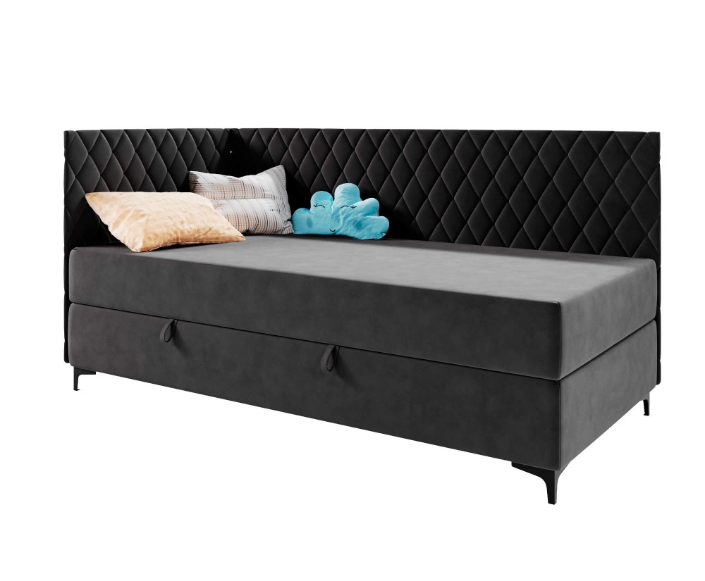 Einzelbett 90x200 cm, Eckbett mit Bettkasten und Matratze, ANABELLA 2M