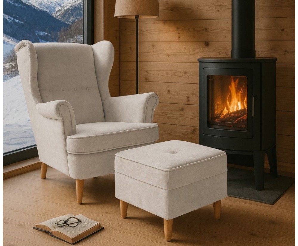 Klassischer Ohrensessel, Fusshocker mit Stauraum, Lesesessel, Samtstoff Riviera 21, ROGER R9