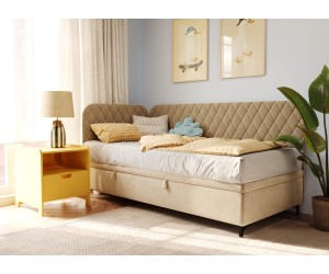 NAOMI 1R Polsterbett 100x200 cm mit Bettkasten, abgerundete Seitenteile, ohne Matratze