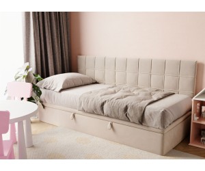 ZUZA 1R Polsterbett 80x200 cm für Jugendzimmer, mit Bettkasten, ohne Matratze