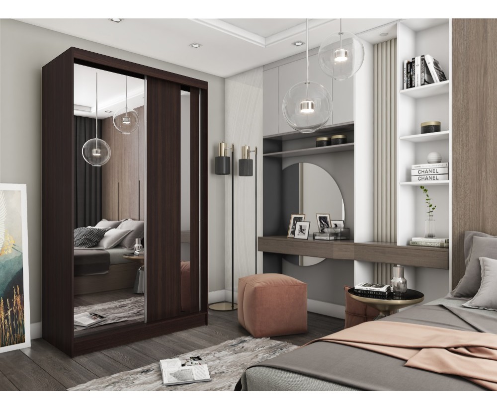Schiebetürenschrank 120 cm mit Spiegel und vertikalem Spiegelstreifen, Kleiderschrank 2-türig, Farbvarianten, MARTEN SZ2 Schiebetürenschrank 120 cm mit Spiegel und vertikalem Spiegelstreifen, Kleiderschrank 2-türig, Farbvarianten, MARTEN SZ2