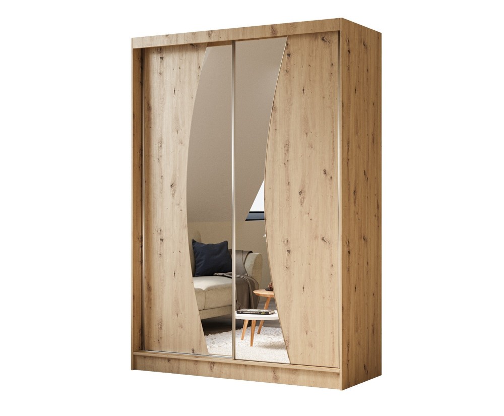 Schiebetürenschrank 150 cm mit abgerundetem Spiegel, Kleiderschrank 2-türig, Farbvarianten, MARTEN SZ7 Schiebetürenschrank 150 cm mit abgerundetem Spiegel, Kleiderschrank 2-türig, Farbvarianten, MARTEN SZ7