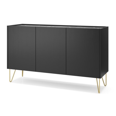 Schwarze Kommode 144 cm 3-türig für Wohnzimmer, schwarzer Graphit / Marmor black, ROIS 144