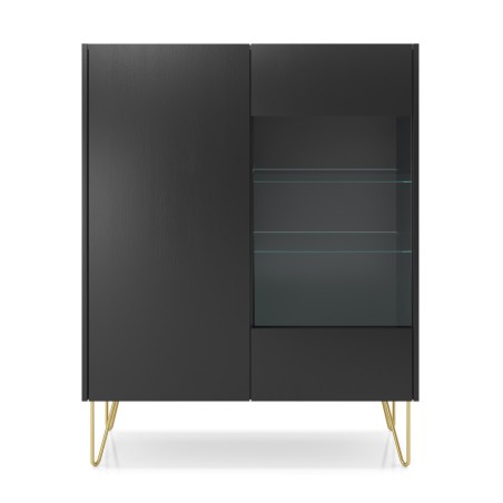 Hohe Vitrine Breite 97 cm mit Glasfront, schwarzer Graphit / Marmor black, ROIS 97