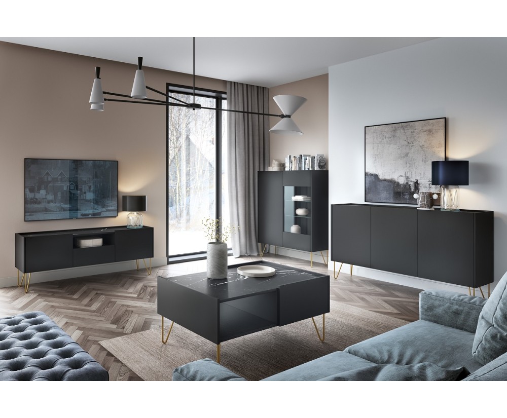 Elegantes Möbelset für Wohnzimmer, Wohnzimmermöbel-Set, schwarzer Graphit / Marmor black, ROIS