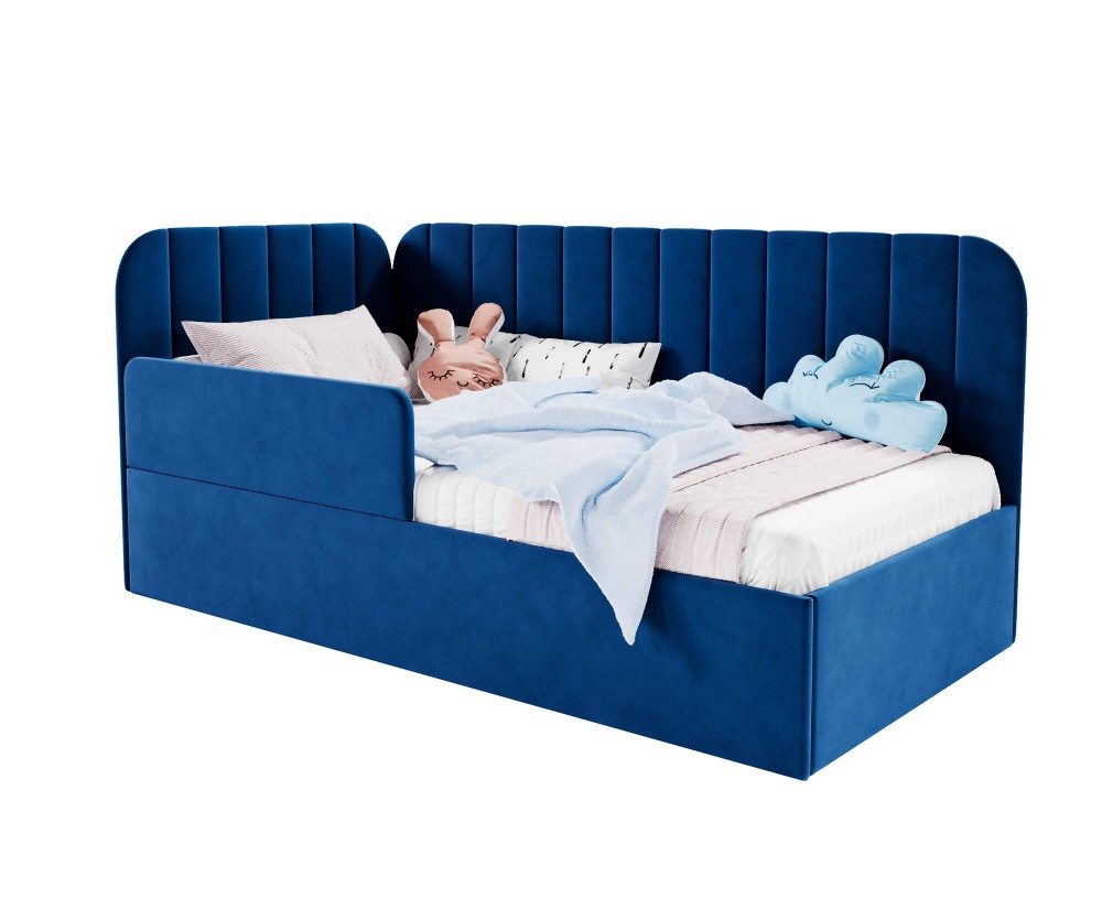 Polsterbett 80x180 cm mit RAUSFALLSCHUTZ für Kinderzimmer, Kinderbett mit Bettkasten und Lattenrost, universal, TIMON SMB