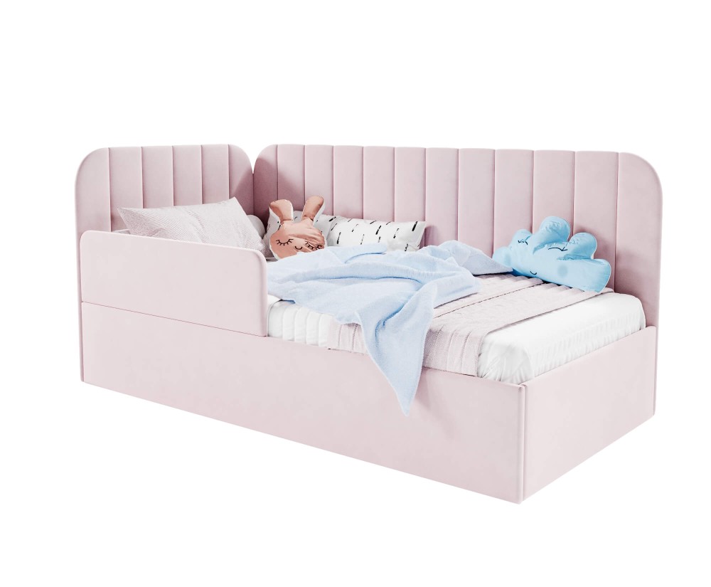 Polsterbett 80x180 cm mit RAUSFALLSCHUTZ für Kinderzimmer, Kinderbett mit Bettkasten und Lattenrost, universal, TIMON SMB