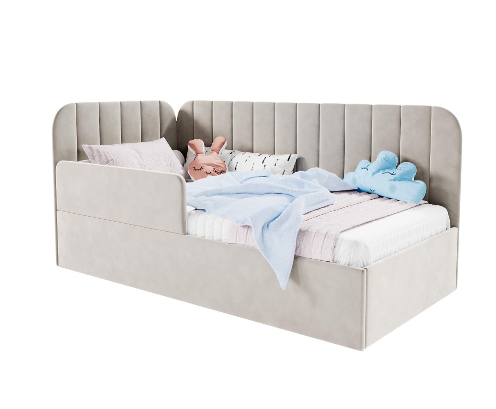 Elegantes Einzelbett 120x200 cm mit RAUSFALLSCHUTZ, Polsterbett mit Lattenrost, universal, TIMON SMB