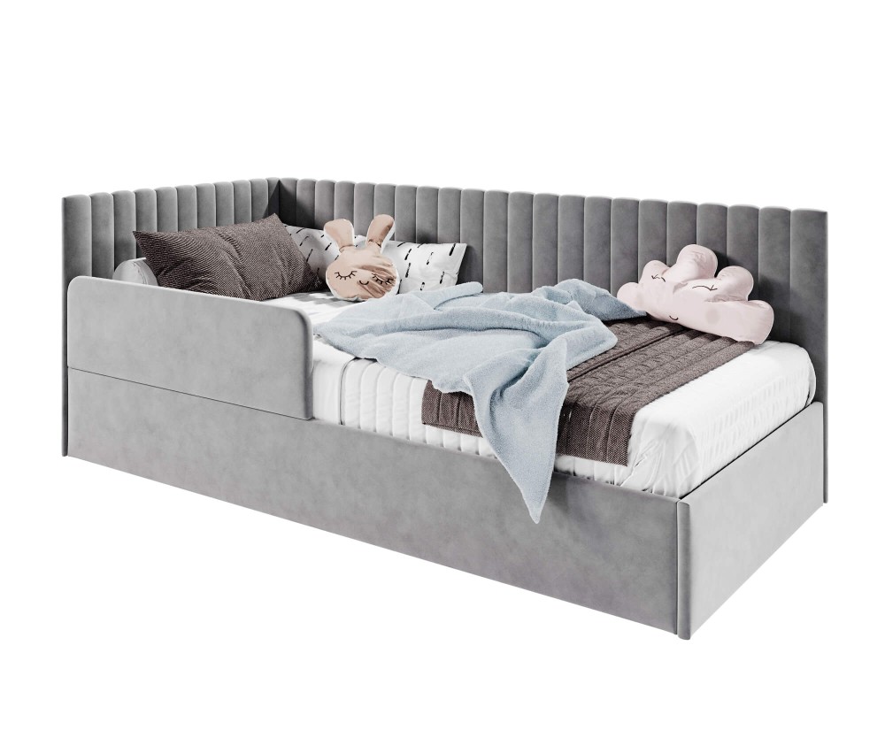 Kinderbett 80x180 cm mit RAUSFALLSCHUTZ, Lattenrost und Bettkasten, universal, Polsterbett BRUNO SM 02B